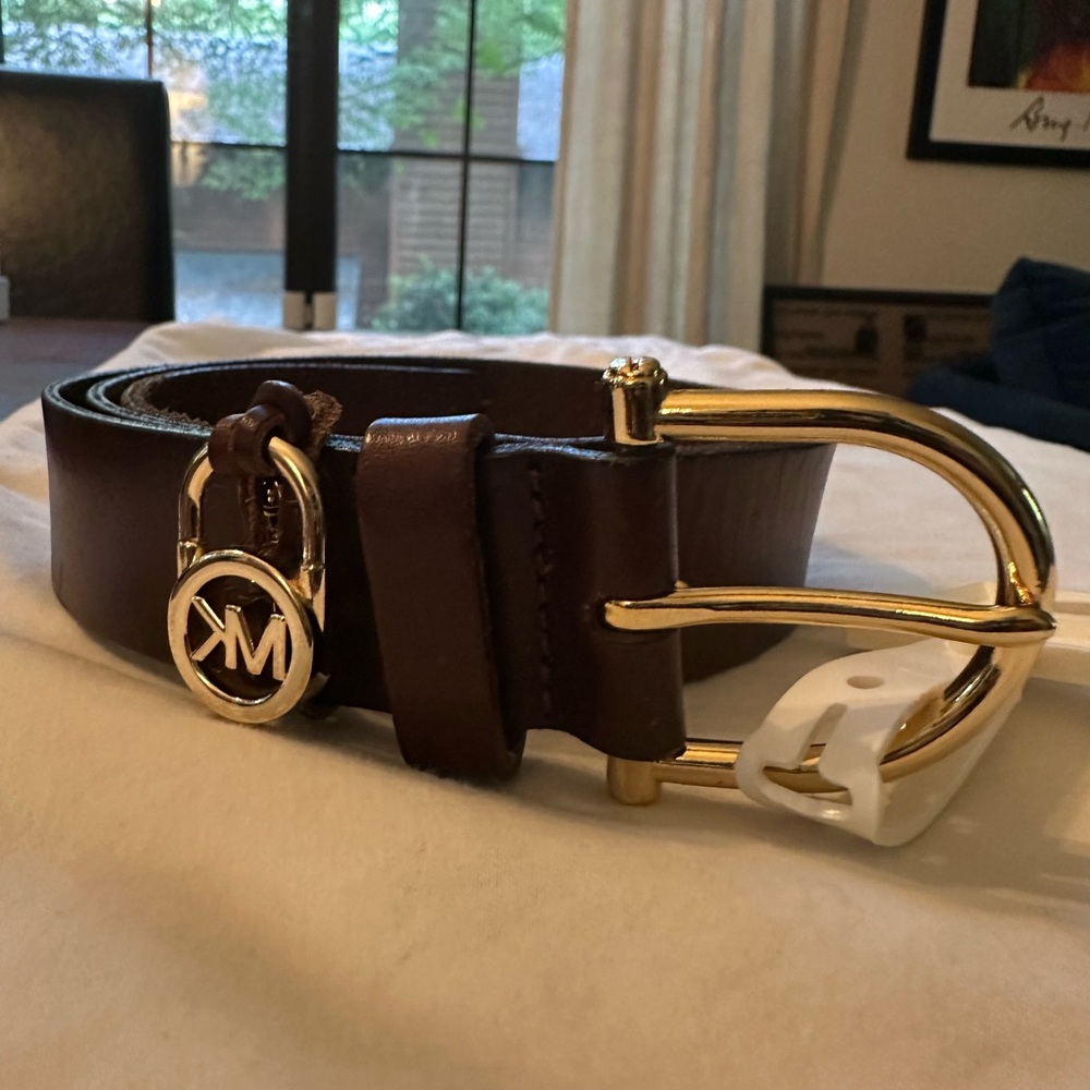 Michael Kors Brown Leather Belt with Gold Buckle. Genuine Leather